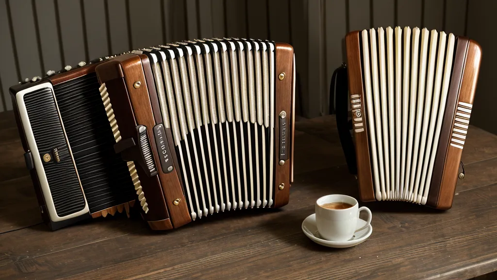 Ziehharmonika mit Bassknöpfen neben einer Kaffeetasse – Übungspause beim Akkordeon lernen als Anfängerin