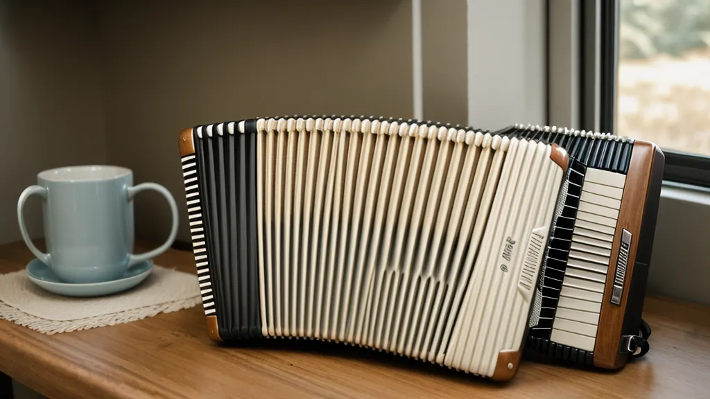 Ein offenes Tagebuch auf einem Tisch neben einer Ziehharmonika im sanften Morgenlicht – Notizen einer Ziehharmonika-Anfängerin zum Doormaker-Kurs.