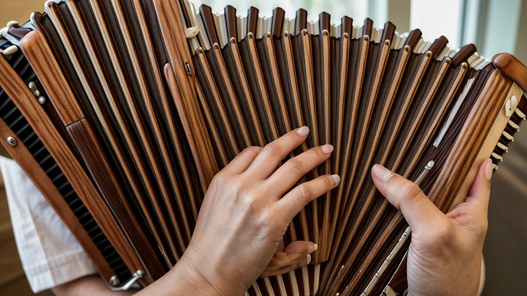 Hände einer Krankenschwester üben Akkordeon lernen als Autodidakt auf den Knöpfen einer alten Ziehharmonika