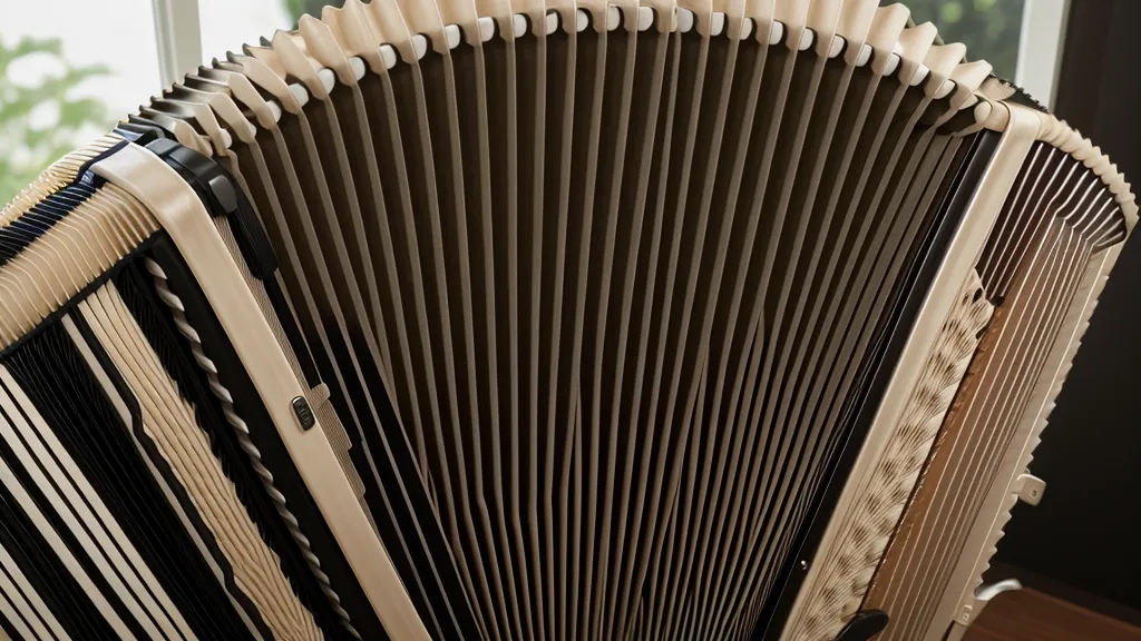 Detailaufnahme des Balgs einer Ziehharmonika beim Akkordeon für Anfänger ohne Lehrer, im sanften Licht