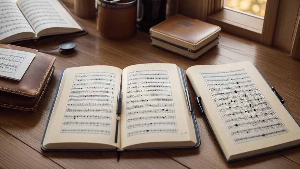 Handgeschriebenes Warnemünde Tagebuch über das Akkordeon lernen neben einem Instrumentenkoffer