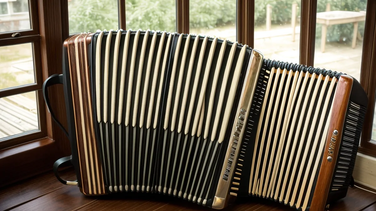 Zweireihige Ziehharmonika auf einem Holztisch, Ausgangspunkt für die Frage App oder Online-Kurs beim Ziehharmonika lernen