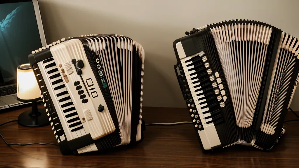 Laptop mit geöffnetem Online-Kurs für Ziehharmonika neben dem Instrument auf dem Küchentisch.