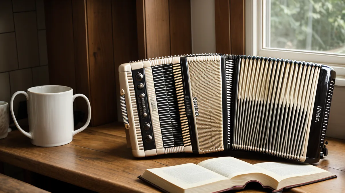 Akkordeon-Anfängerin übt online: die kleine Ziehharmonika vom Trödelmarkt Güstrow bereit zum Spielen