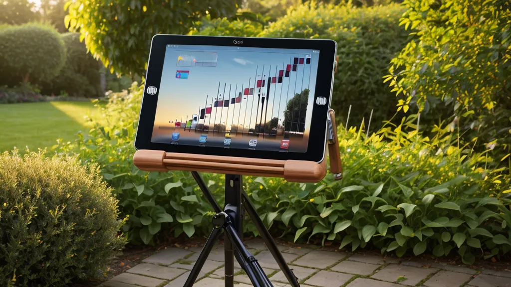 Tablet mit Online-Lernen-Kurs für Akkordeon-Anfänger neben der Ziehharmonika auf der Terrasse