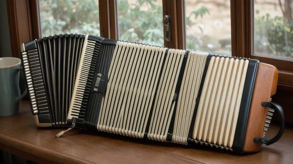 Hände auf dem Balg der Ziehharmonika beim Akkordeon lernen als Späteinsteigerin