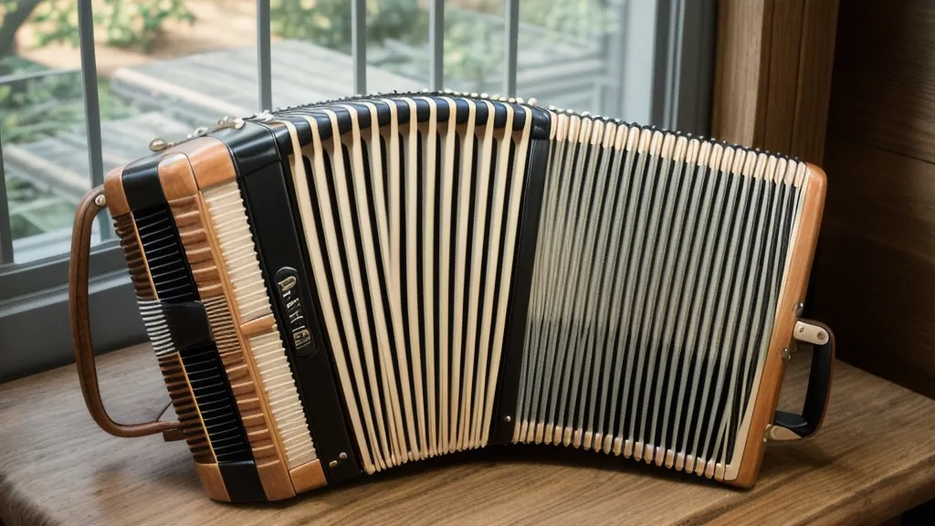 Tagebuch und Ziehharmonika auf der Terrasse beim Vergleich zweier Akkordeonkurse für Späteinsteiger