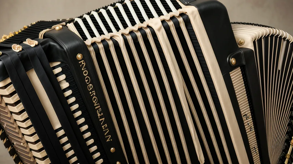 Nahaufnahme von Knöpfen und Balg einer diatonischen Ziehharmonika mit doppelten Stimmzungen für das Tremolo