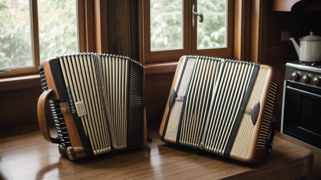Zweireihige Ziehharmonika wird als Ziehharmonika-Zubehör vorsichtig in eine gepolsterte Tasche für den Akkordeon-Transport gelegt