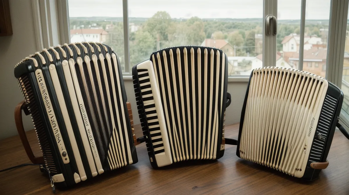 Handkoordination beim Akkordeon lernen: Anfängerin übt Zug und Druck auf einer zweireihigen Ziehharmonika