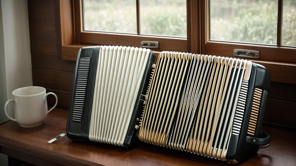 Nahaufnahme der Hände einer Krankenschwester auf den Knöpfen einer alten Ziehharmonika beim Akkordeon lernen ohne Noten