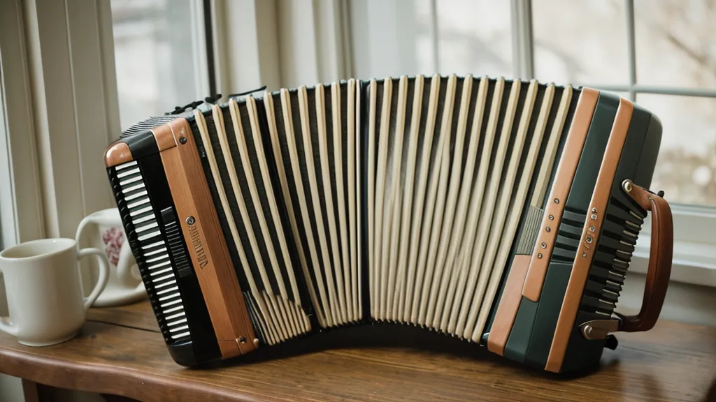 Ziehharmonika lehnt am Gartenstuhl auf der sonnigen Terrasse in Warnemünde