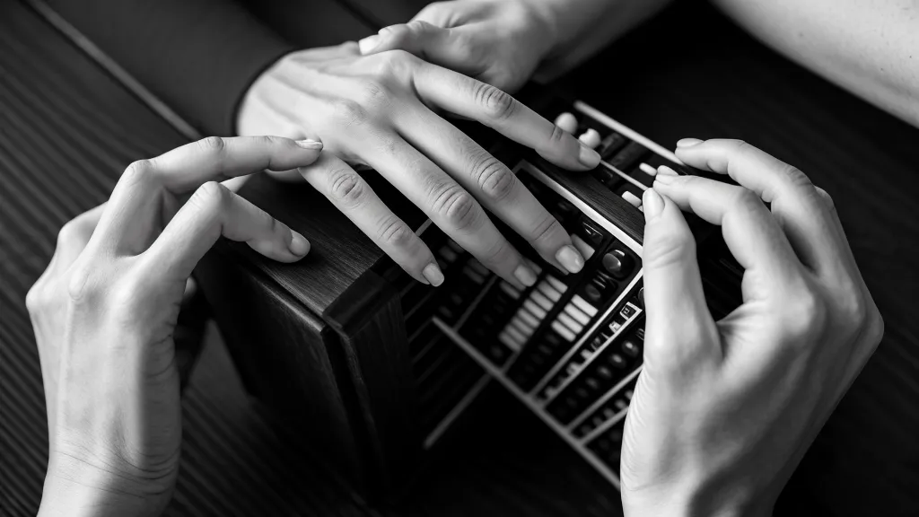 Nahaufnahme: Finger ertasten beim Knopfakkordeon lernen die Knopfreihen der diatonischen Ziehharmonika ohne Blickkontakt