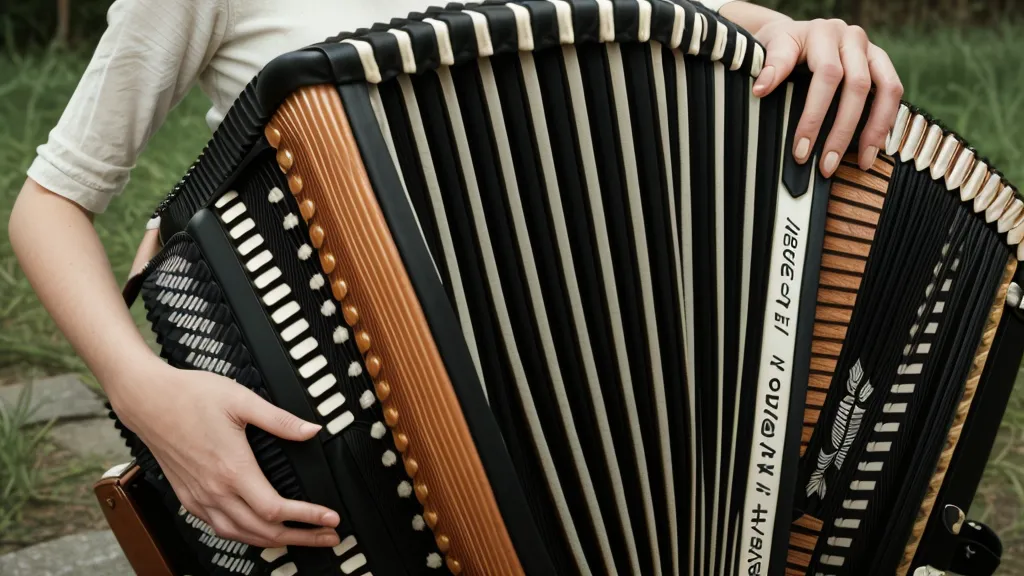 Detailaufnahme von Händen auf einer Ziehharmonika, die auf dem Oberschenkel einer sitzenden Person ruht.