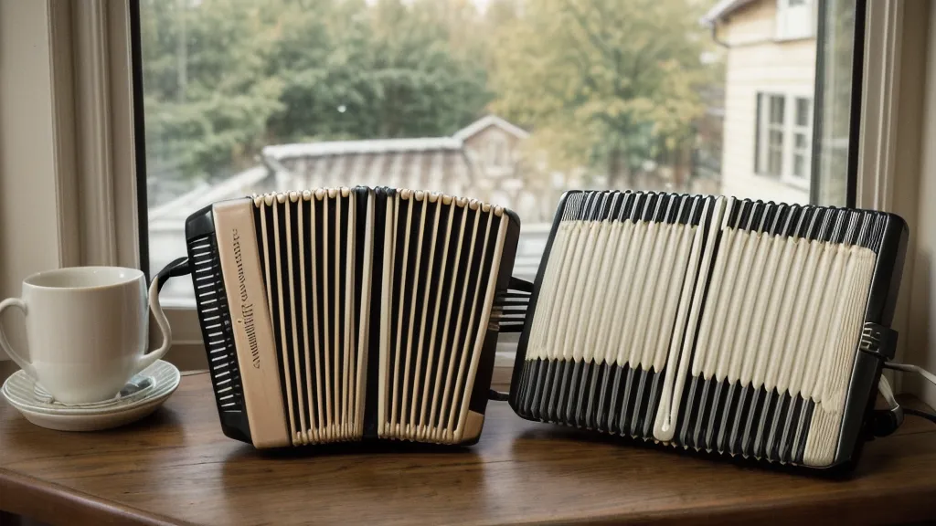 Nahaufnahme der linken Hand auf den acht Bassknöpfen einer Ziehharmonika beim Üben des Wechselbass