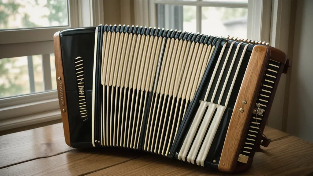 Balg einer Ziehharmonika beim Auseinanderziehen für die rhythmische Wechselbass-Begleitung