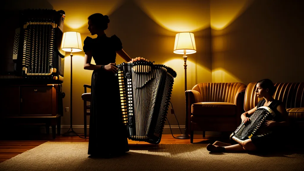 Silhouette einer Frau, die nachts als Spaeteinsteigerin Ziehharmonika übt und dabei abschaltet