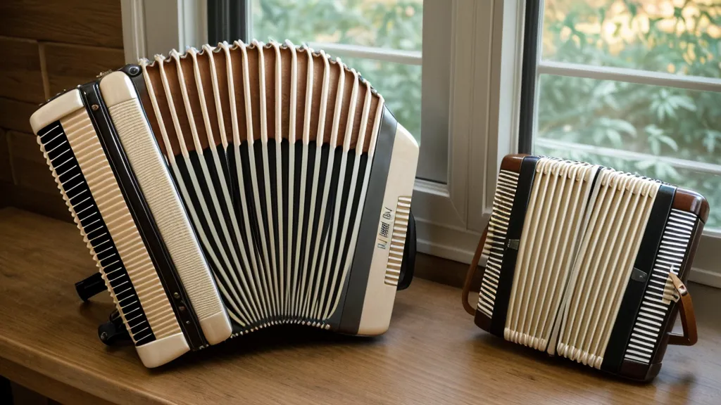 Nahaufnahme der Hände einer Krankenschwester als Anfängerin auf den Knöpfen einer alten Ziehharmonika.