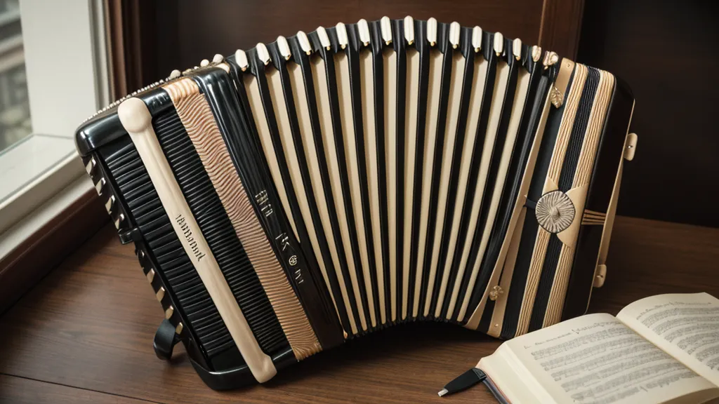 Diatonische Ziehharmonika auf der Terrasse in Warnemünde bei Sonnenaufgang, tägliche Übung mit Griffschrift