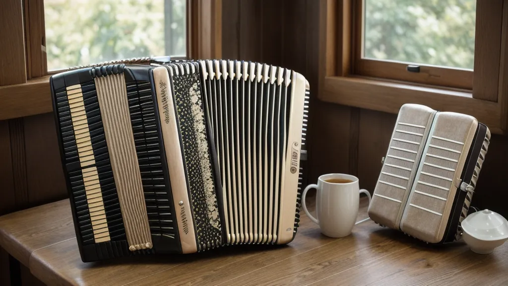 Offener Instrumentenkoffer neben der Ziehharmonika zum Auslüften nach dem Spielen als Teil der Ziehharmonika-Pflege