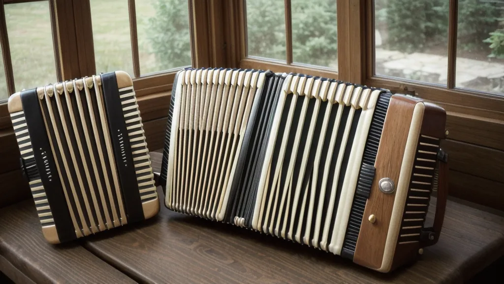 Ziehharmonika-Anfängerin übt im Sitzen, Gehäuse auf dem Oberschenkel abgestützt
