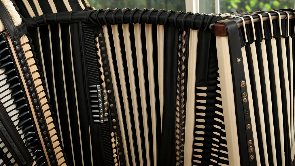 Nahaufnahme des Balgs einer gebrauchten Ziehharmonika, wichtiger Check beim Instrumenten-Kauf auf dem Trödelmarkt