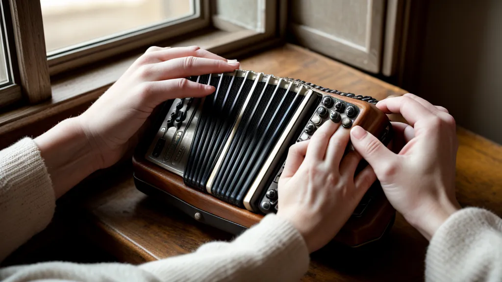 Finger auf den acht Bassknöpfen der zweireihigen Ziehharmonika, Teil meiner täglichen Akkordeon-Pflege