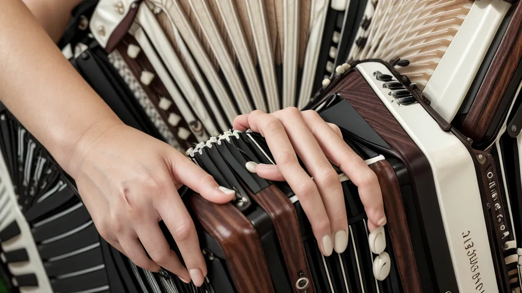 Tastenbelegung der zweireihigen Ziehharmonika: Nahaufnahme der Melodieknöpfe beim Üben als Anfängerin